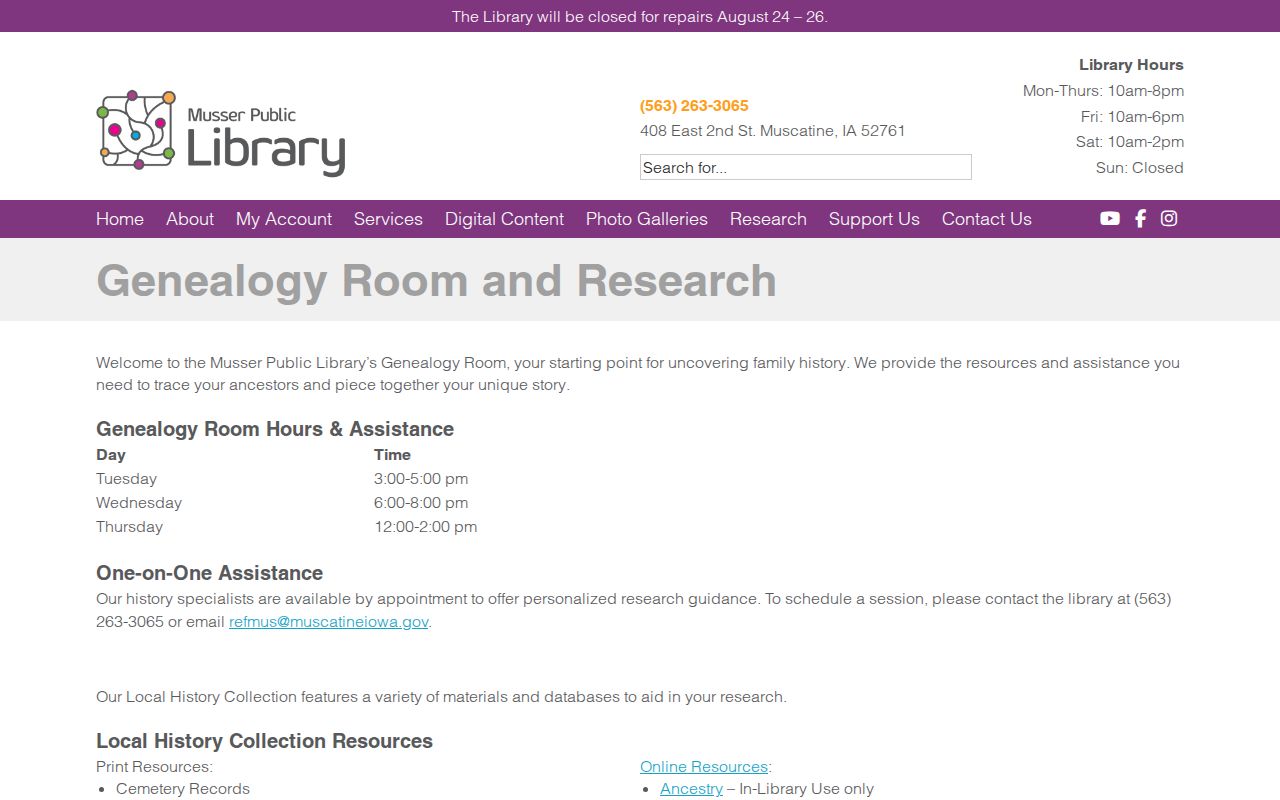 Musser Public Library Genealogy Room and research access page