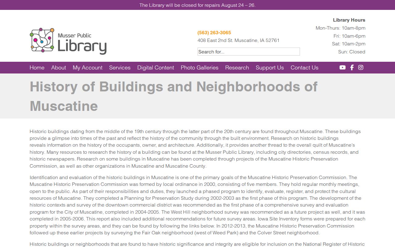 Musser Public Library history of Muscatine buildings and neighborhoods collection