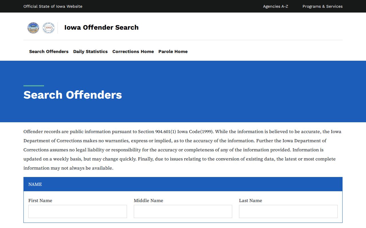 Iowa Department of Corrections official status search