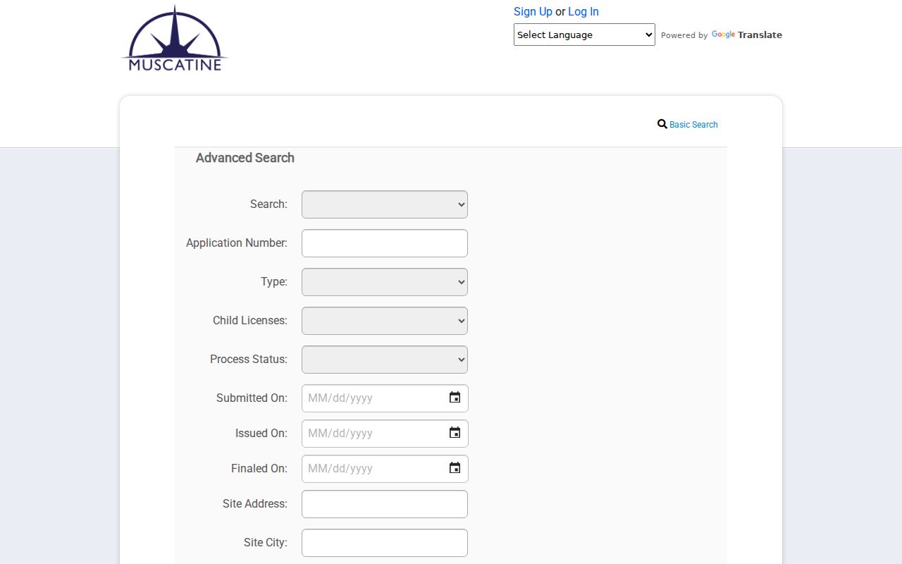 Muscatine SmartGov advanced public application search filters